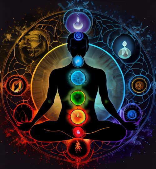 7 chakras concept, man or woman sitting in lotos position with seven chakras on the body